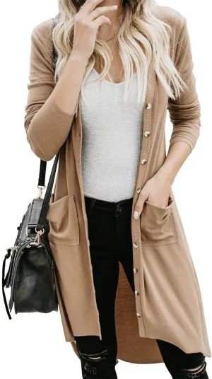 Alaster Queen Womens Open Front Cardigan Button Down High Low Hem Knitted Cardigan Outwear with Pockets