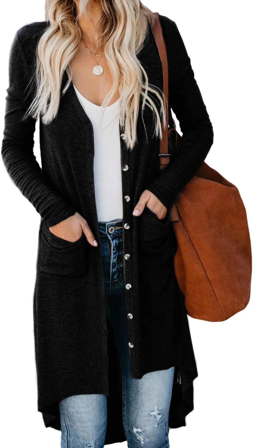 Alaster Queen Womens Open Front Cardigan Button Down High Low Hem Knitted Cardigan Outwear with Pockets