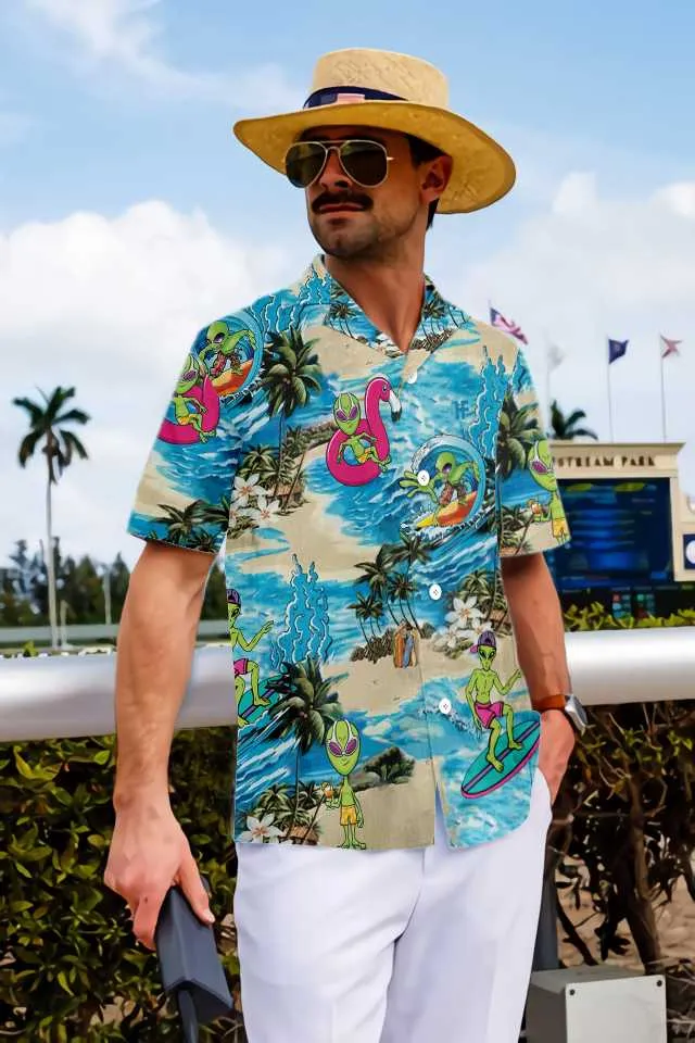 Alien On The Beach Hawaiian Shirt, Summer Beach Aloha Shirt For Men And Women, Perfect Gift For Friends, Husband, Boyfriend, Wife, Girlfriend, Family