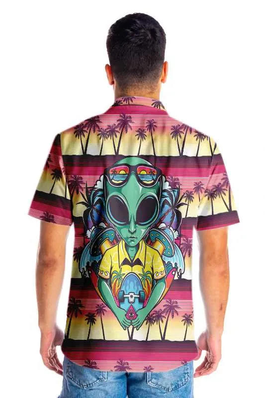 Alien With Skate Hawaiian Shirt, Palm Tree Aloha Shirt For Men, Perfect Gift For Friends, Husband, Boyfriend, Family