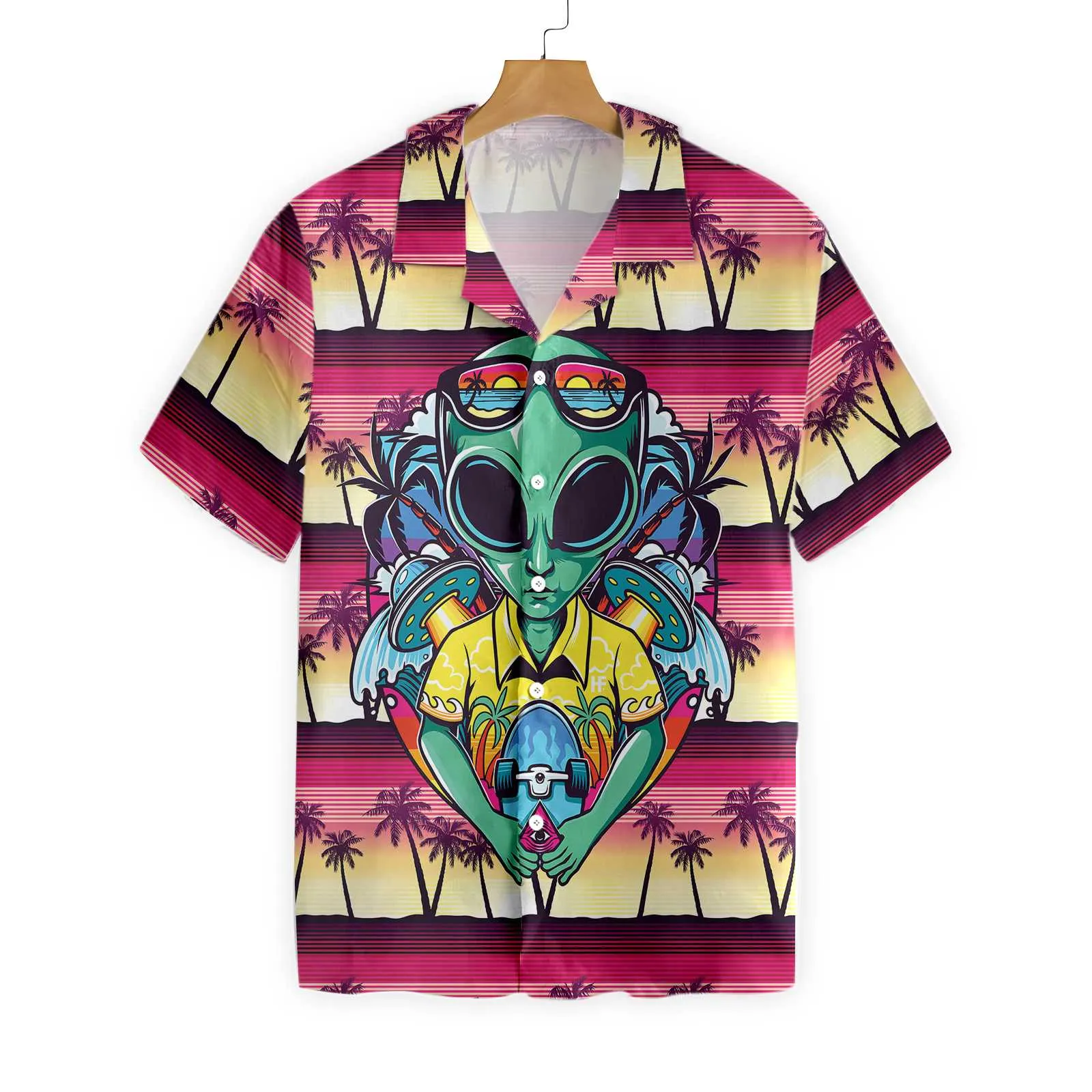 Alien With Skate Hawaiian Shirt, Palm Tree Aloha Shirt For Men, Perfect Gift For Friends, Husband, Boyfriend, Family