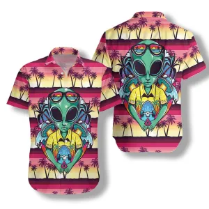 Alien With Skate Hawaiian Shirt, Palm Tree Aloha Shirt For Men, Perfect Gift For Friends, Husband, Boyfriend, Family