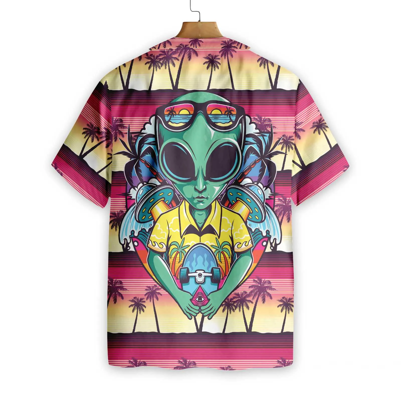 Alien With Skate Hawaiian Shirt, Palm Tree Aloha Shirt For Men, Perfect Gift For Friends, Husband, Boyfriend, Family