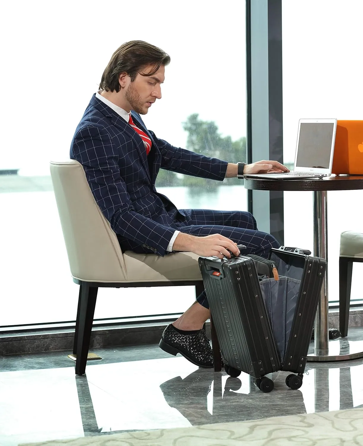 All Aluminum Lightweight 20" Business Laptop Briefcase - Vertical Open Carry-On, TSA Approved Suitcase, Four 360 spinner wheels, Compartment, Hard Side Cabin Bag for Travel & Business (Ruby)
