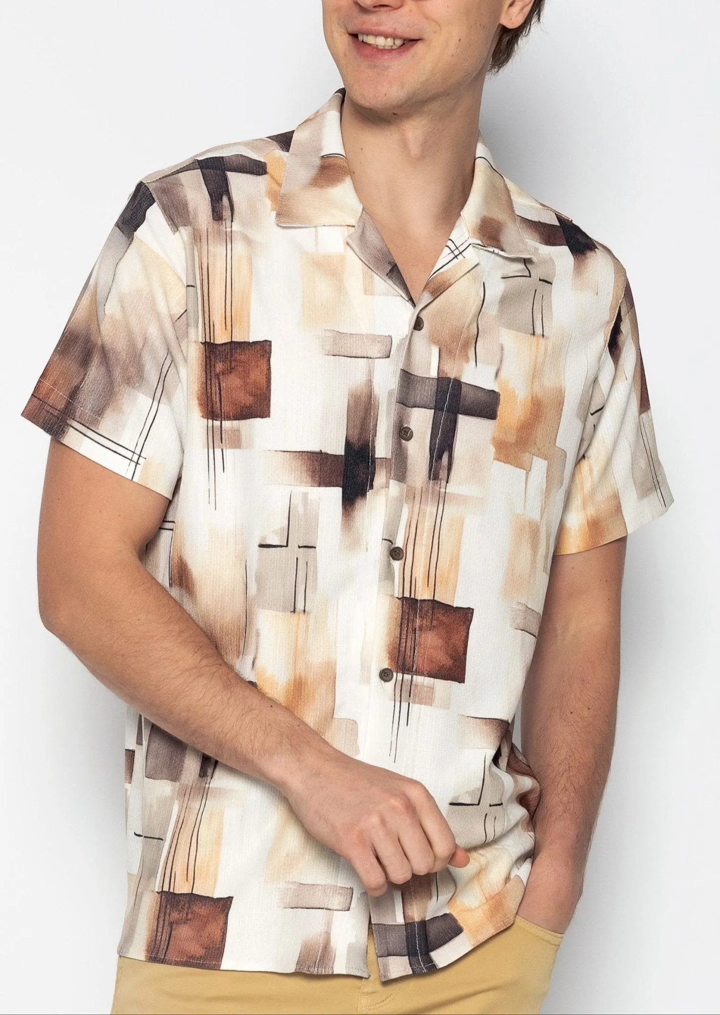 Allover Pattern Camp Collar Shirt - Ecru Brown