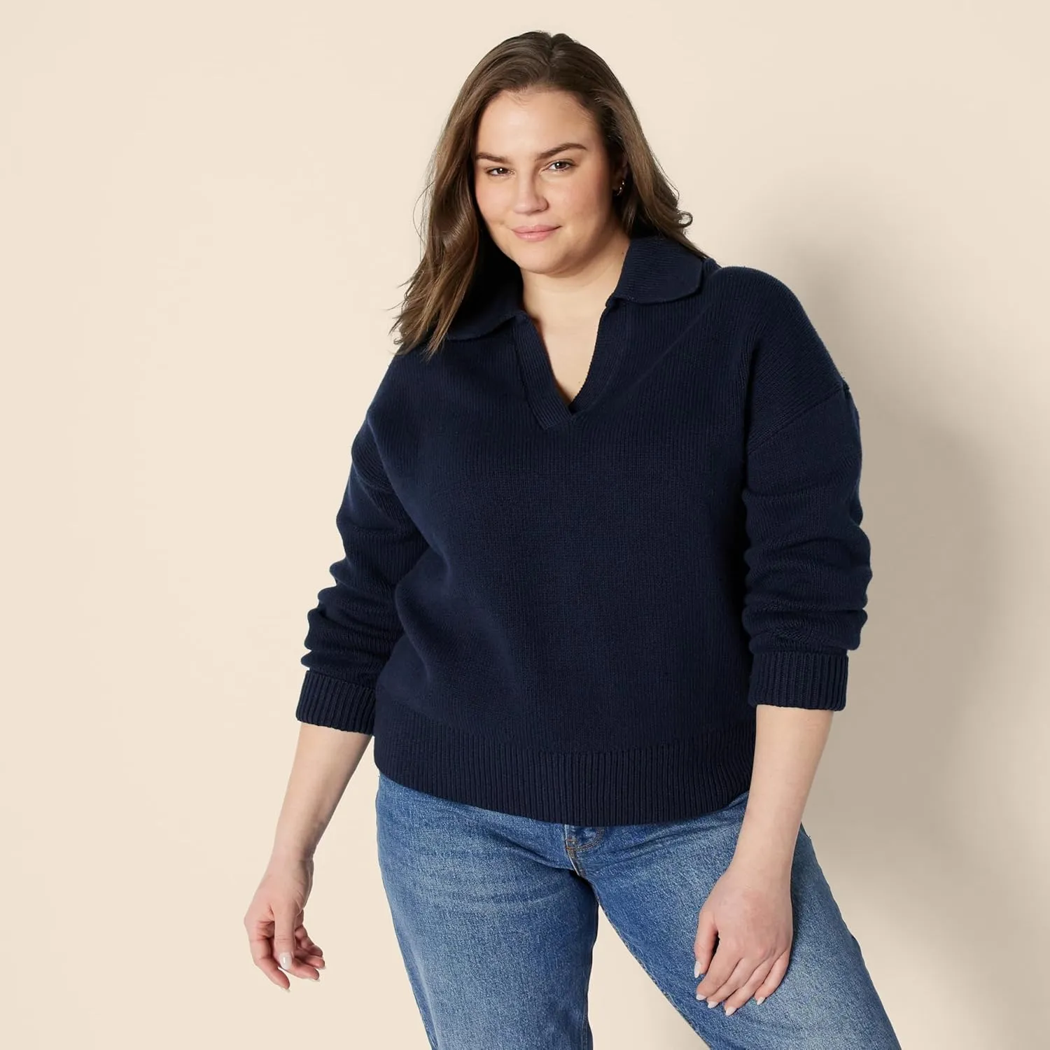 Amazon Essentials Women's Relaxed-Fit Heavyweight Cotton Polo Pullover Sweater