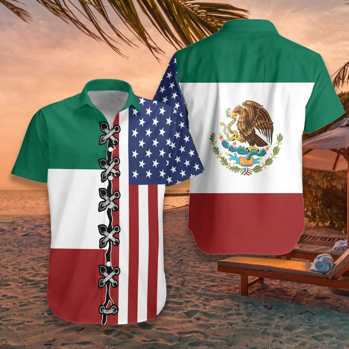 American Flag Mexico Flag Hawaiian Shirt, Patriot Aloha Shirt For Men & Women, Best Gift For Husband, Wife, Boyfriend, Girlfriend