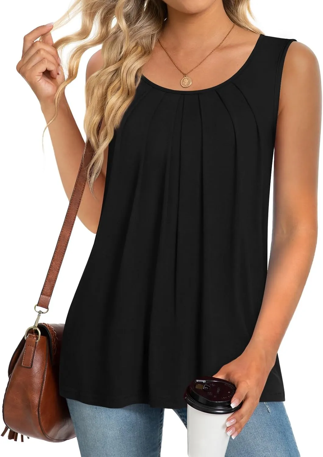 Anymeet Womens Tank Tops 2025 Spring Sleeveless Tunic Casual Basic Tshirts with Leggings Loose Pleated Blouses