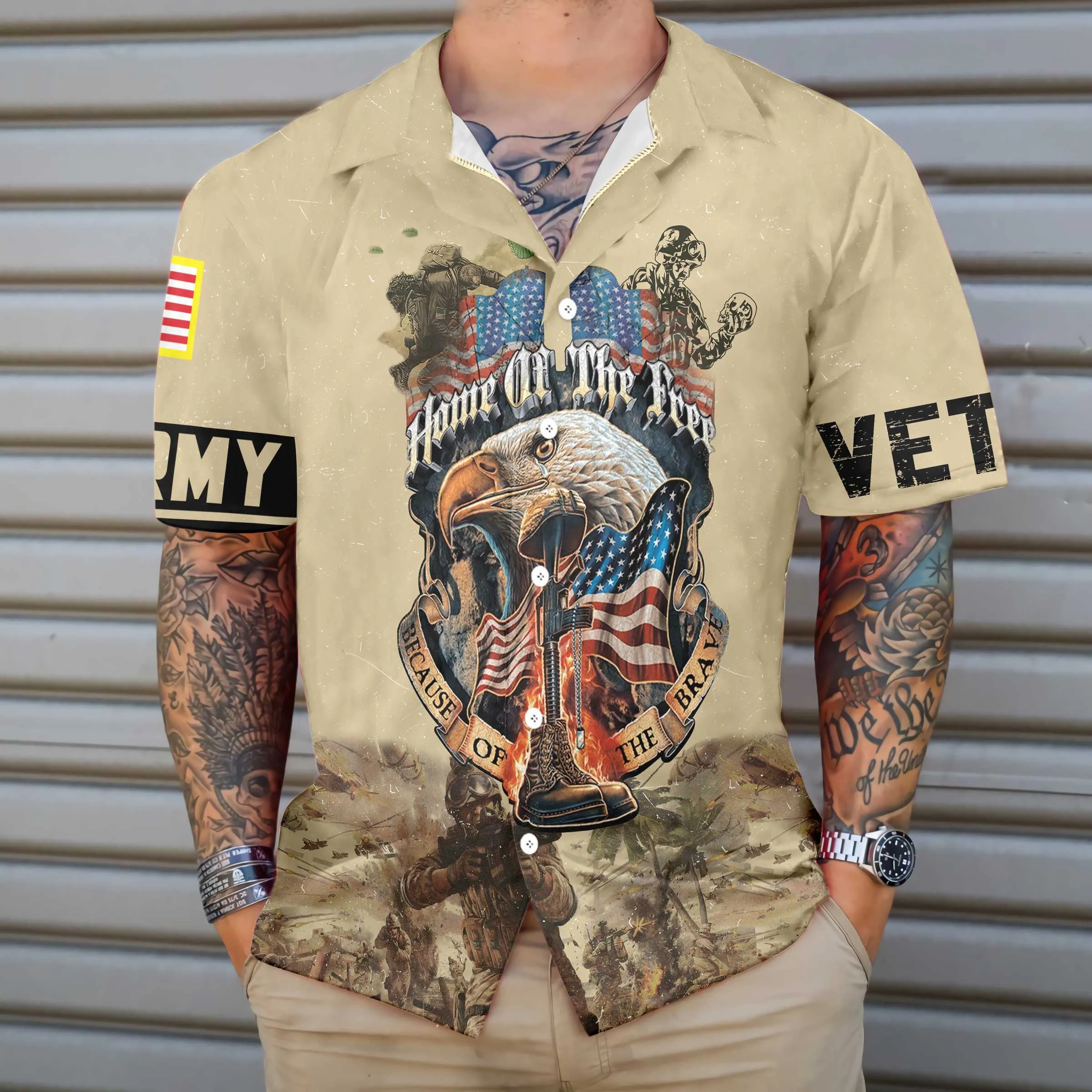 Army Veteran USA Flag Hawaiian Shirt, Home Of The Free Aloha Shirt For Men & Women, Best Gift For Summer, Husband, Wife, Boyfriend, Girlfriend