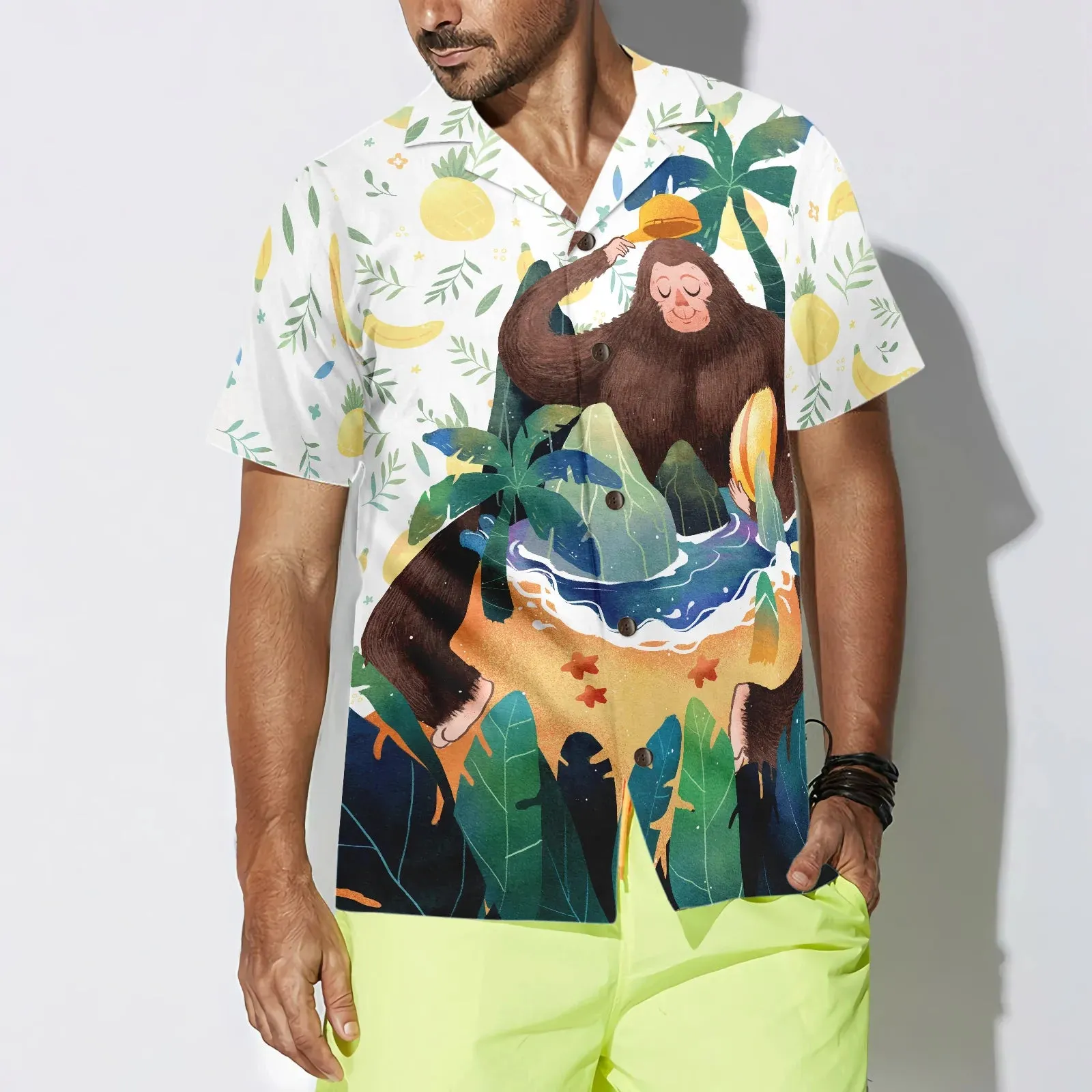 Artistic Bigfoot on the Beach Hawaiian Shirt, Sasquatch Aloha Shirts for Men & Women, Best Gift For Summer, Husband, Wife, Boyfriend, Girlfriend