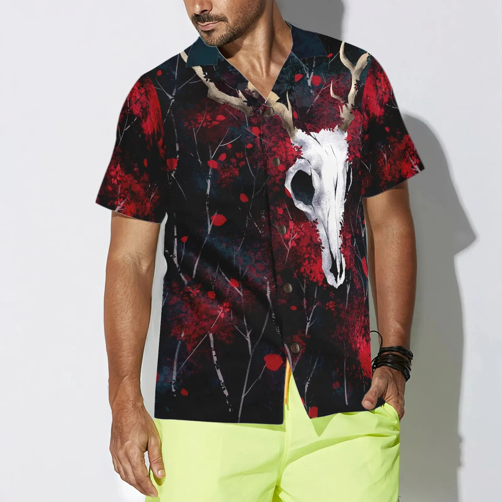 Artistic Gothic Skull Hawaiian Shirt, Black and Red Goth Aloha Shirt For Men, Best Gift For Summer, Husband, Boyfriend