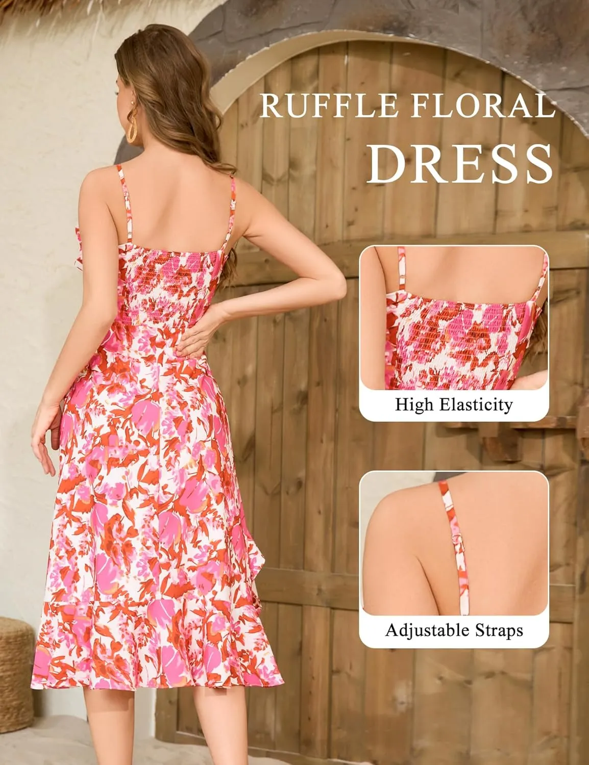 Aupuls Summer Floral Wedding Guest Dresses for Women Midi Adjustable Straps Casual Sundress Ruffle Boho Beach Dress