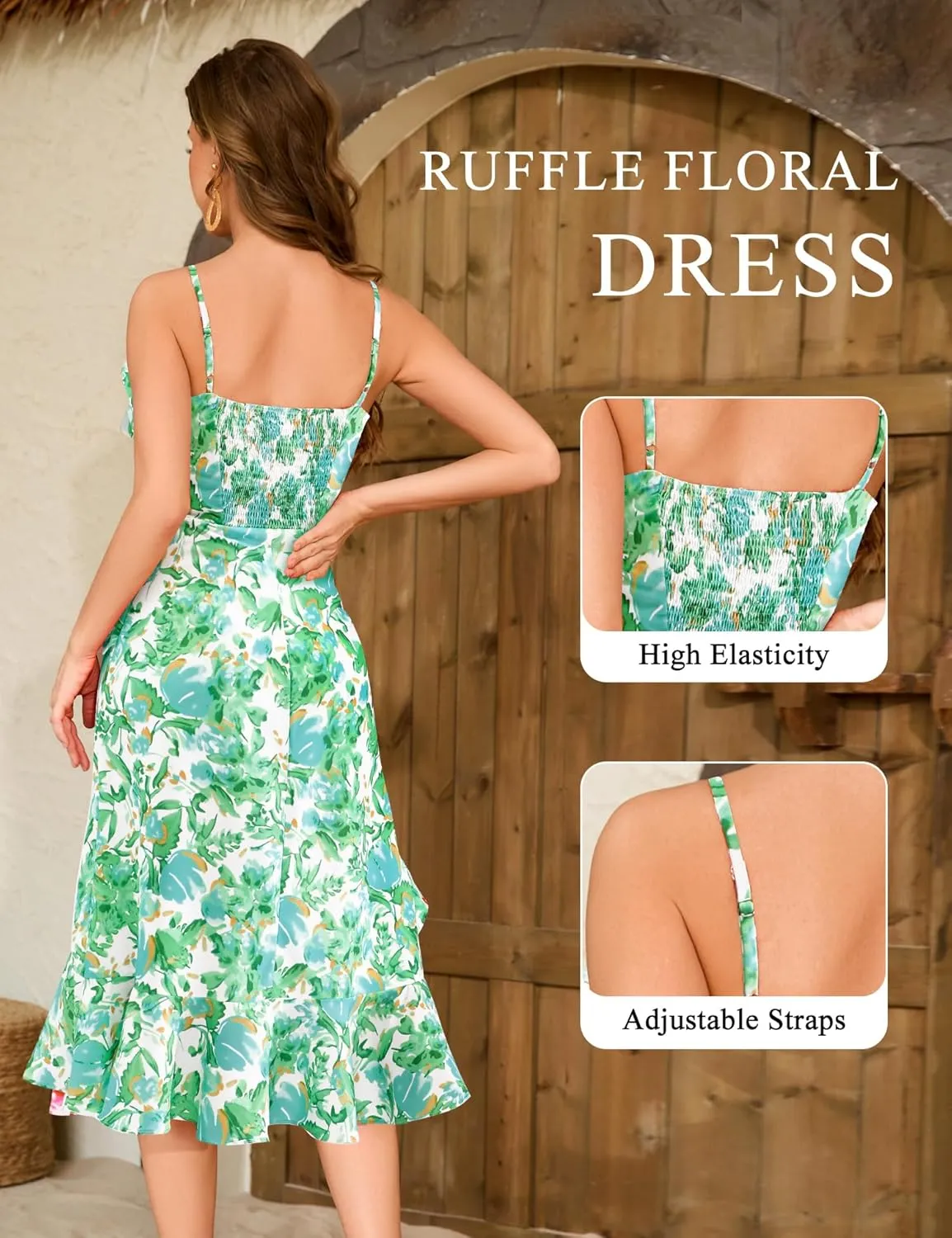 Aupuls Summer Floral Wedding Guest Dresses for Women Midi Adjustable Straps Casual Sundress Ruffle Boho Beach Dress