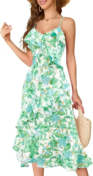 Aupuls Summer Floral Wedding Guest Dresses for Women Midi Adjustable Straps Casual Sundress Ruffle Boho Beach Dress