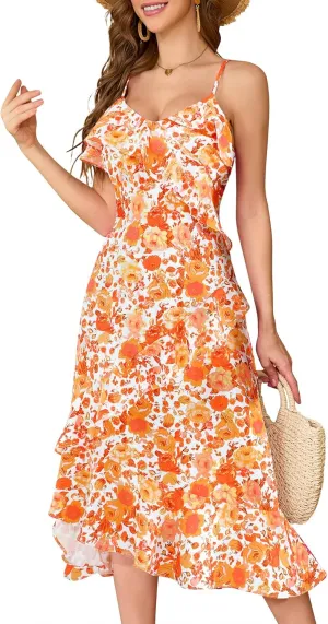 Aupuls Summer Floral Wedding Guest Dresses for Women Midi Adjustable Straps Casual Sundress Ruffle Boho Beach Dress