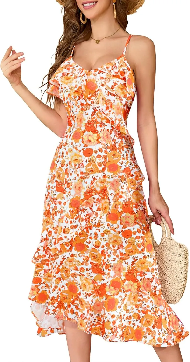 Aupuls Summer Floral Wedding Guest Dresses for Women Midi Adjustable Straps Casual Sundress Ruffle Boho Beach Dress