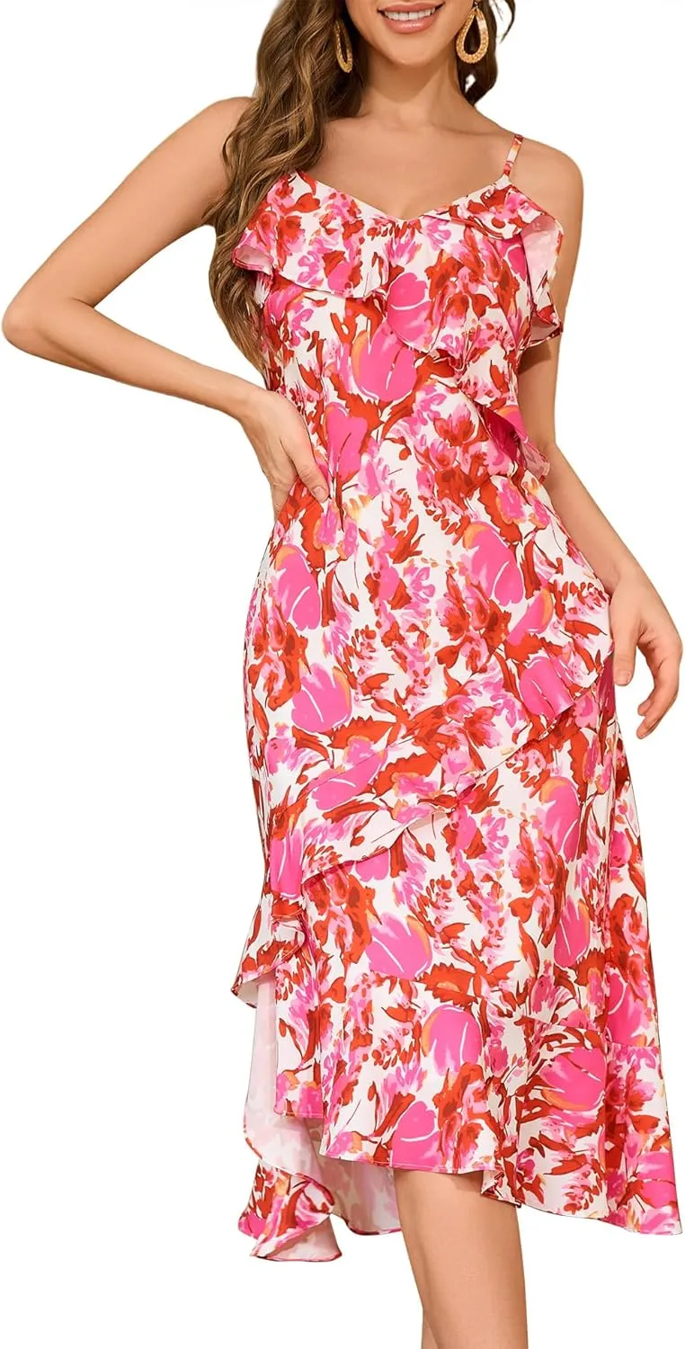 Aupuls Summer Floral Wedding Guest Dresses for Women Midi Adjustable Straps Casual Sundress Ruffle Boho Beach Dress