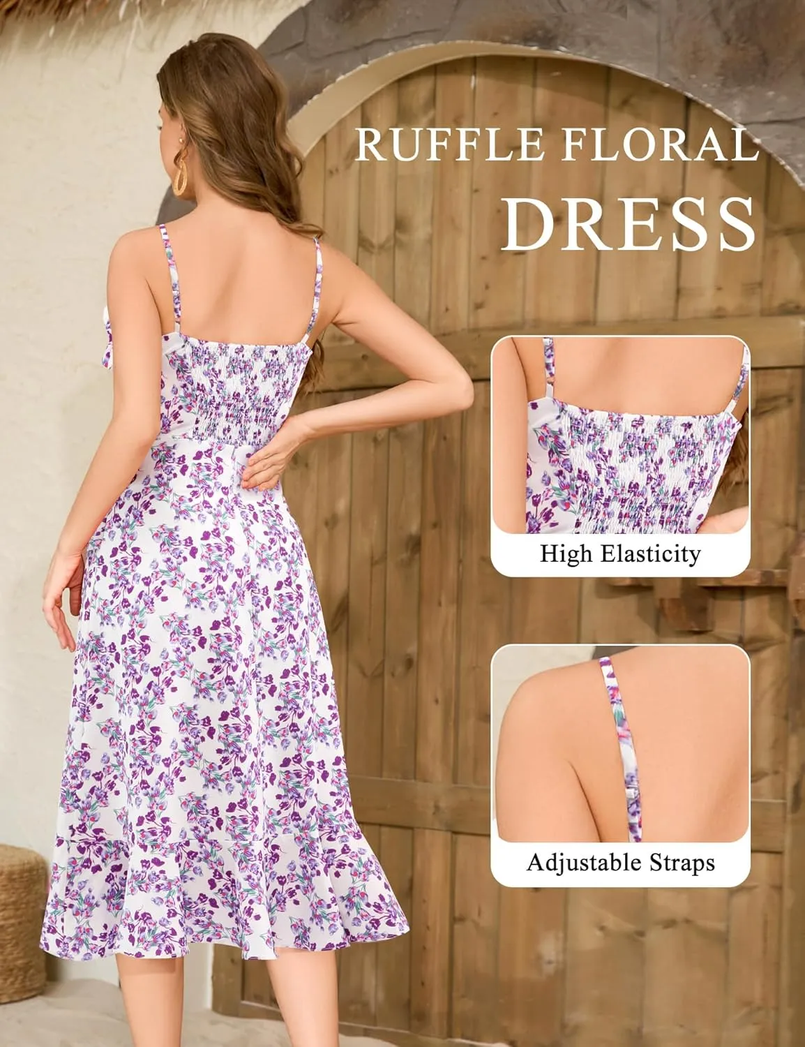 Aupuls Summer Floral Wedding Guest Dresses for Women Midi Adjustable Straps Casual Sundress Ruffle Boho Beach Dress