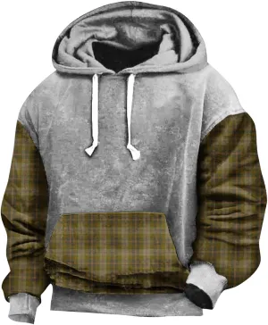 Aymnlox Mens Sweatshirts Heavyweight Long Sleeve Hoodies Casual Plaid Color Block Sweatshirt Drawstring Pullover With Pockets