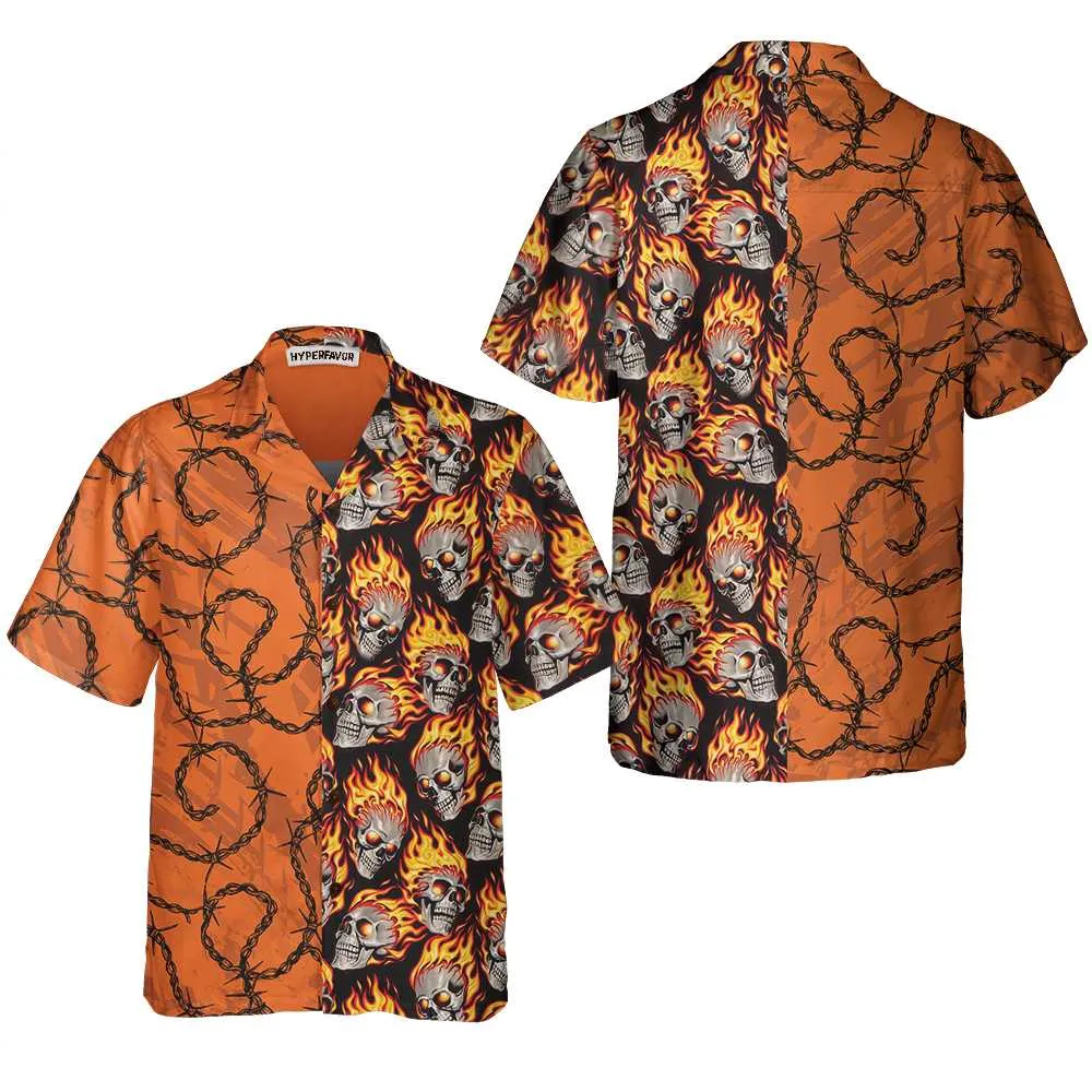 Barbwire Fire Skull Biker Motorcycle Hawaiian Shirt, Biker Aloha Shirt Summer For Men, Unique Gift For Bikers, Summer, Husband, Boyfriend