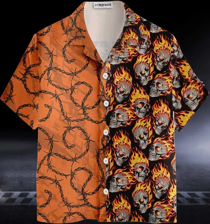 Barbwire Fire Skull Biker Motorcycle Hawaiian Shirt, Biker Aloha Shirt Summer For Men, Unique Gift For Bikers, Summer, Husband, Boyfriend