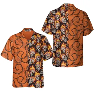 Barbwire Fire Skull Biker Motorcycle Hawaiian Shirt, Biker Aloha Shirt Summer For Men, Unique Gift For Bikers, Summer, Husband, Boyfriend