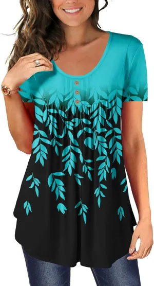 BeadChica Women's Tunic Tops For Leggings Short Sleeve Shirts Botton Up Casual Ruched Blouses Clothes
