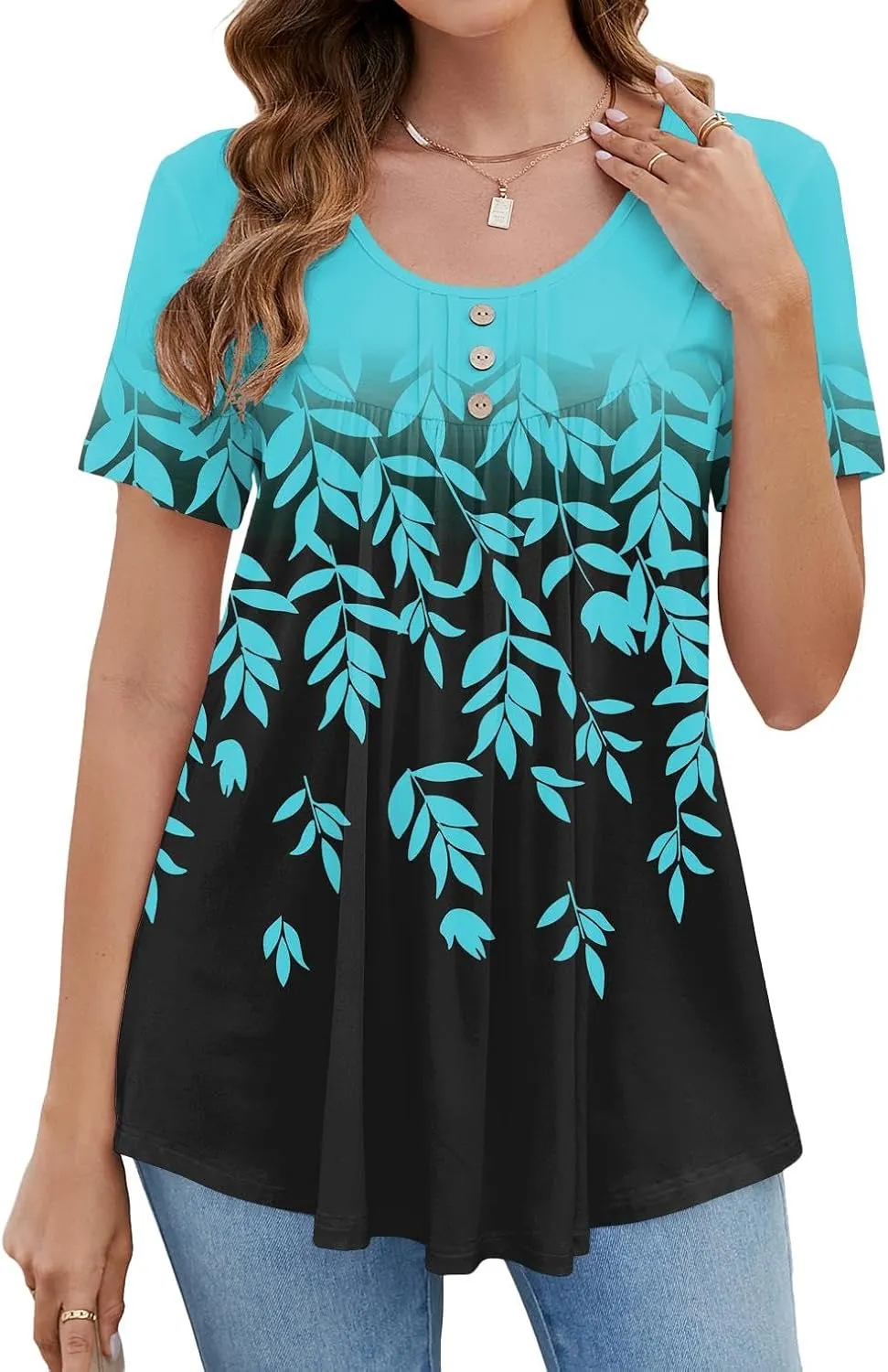 BeadChica Women's Tunic Tops For Leggings Short Sleeve Shirts Botton Up Casual Ruched Blouses Clothes