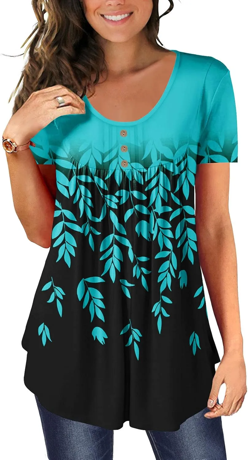 BeadChica Women's Tunic Tops For Leggings Short Sleeve Shirts Botton Up Casual Ruched Blouses Clothes