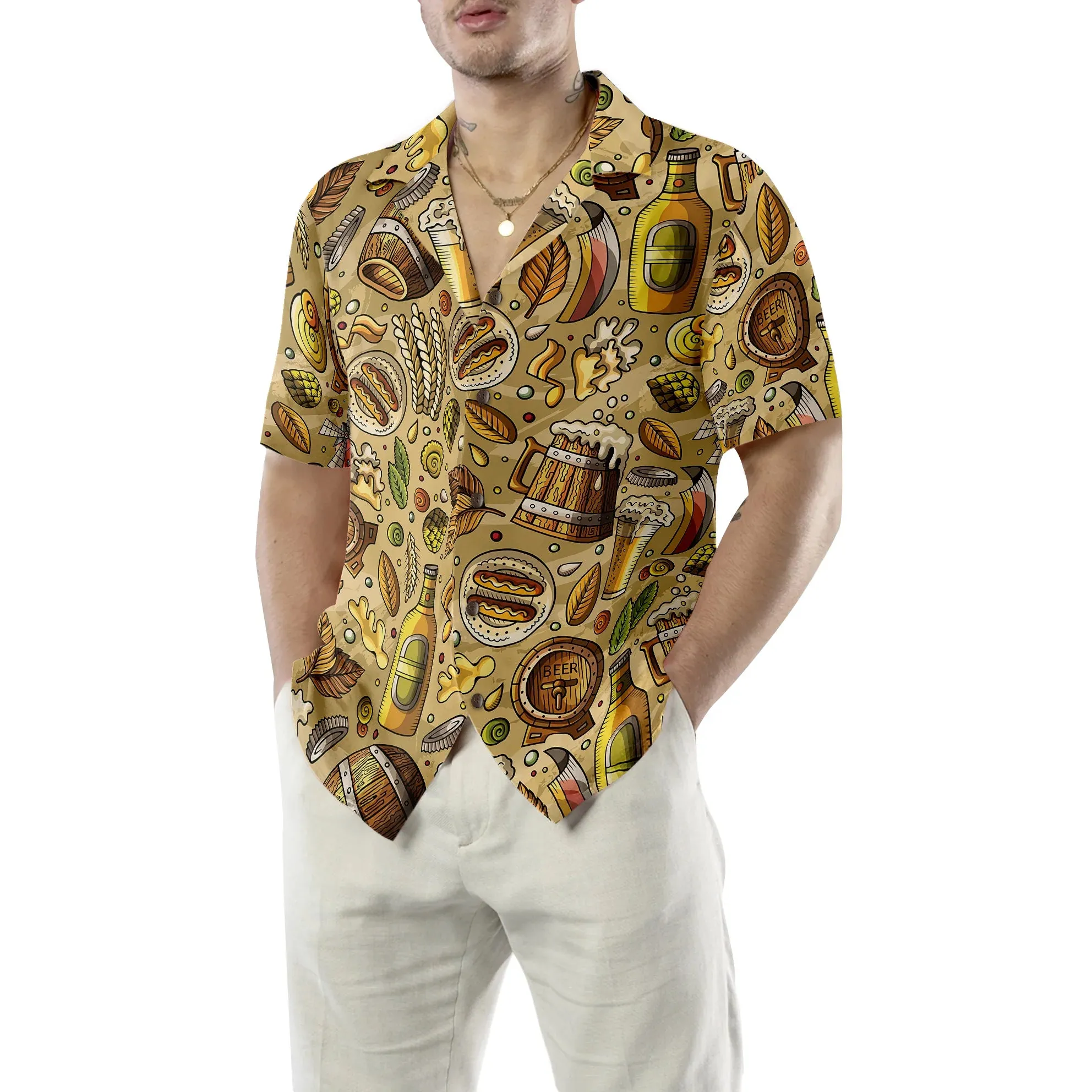 Beer Fest Seamless Pattern Hawaiian Shirt, Beer With Foods On Beach, Beer Tropical Summer Aloha Shirt, Perfect Gift For Beer Lovers, Friends, Husband, Boyfriend, Family
