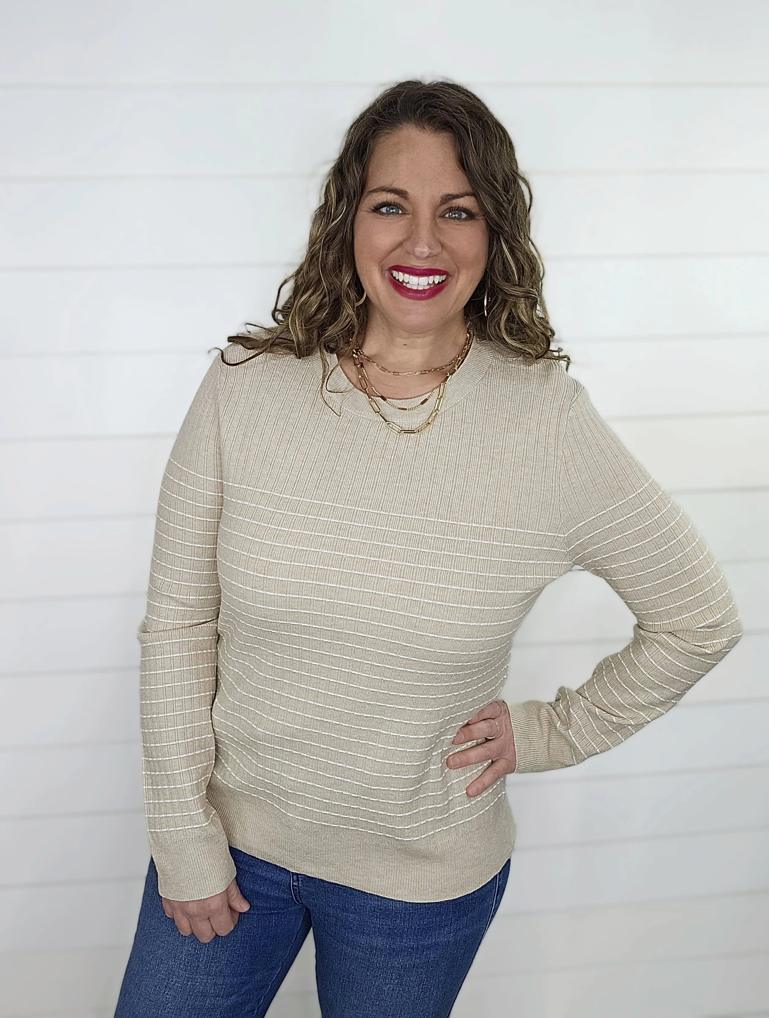 BEIGE TEXTURED STRIPED CREW NECK PULLOVER