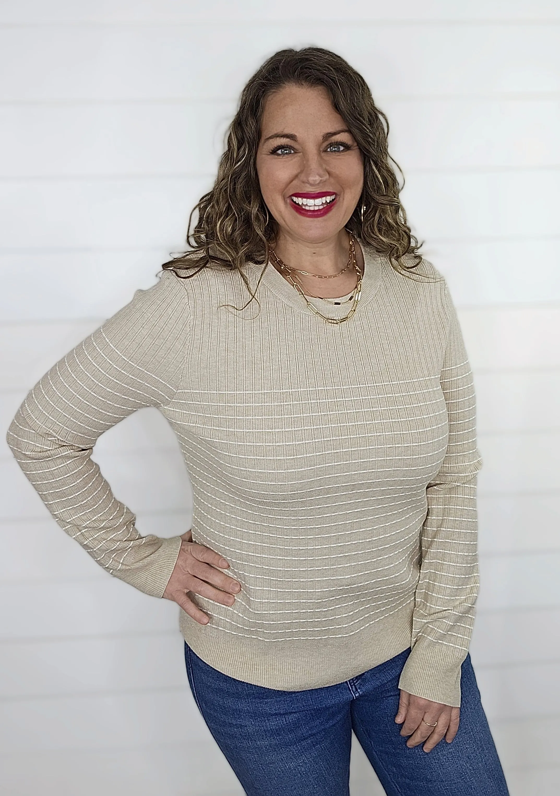 BEIGE TEXTURED STRIPED CREW NECK PULLOVER