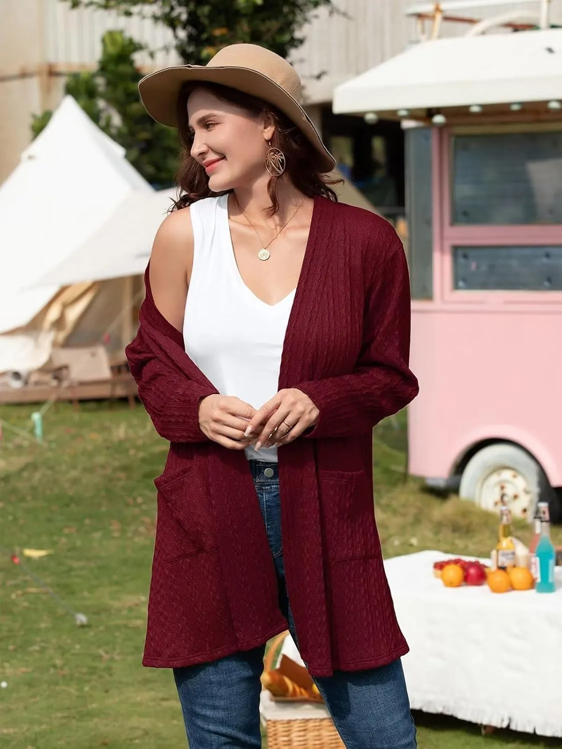 BELAROI Womens Open Front Cardigan Cable Knit Sweaters Plus Size Long Sleeve Tops Loose Fall Outwear Coat with Pockets