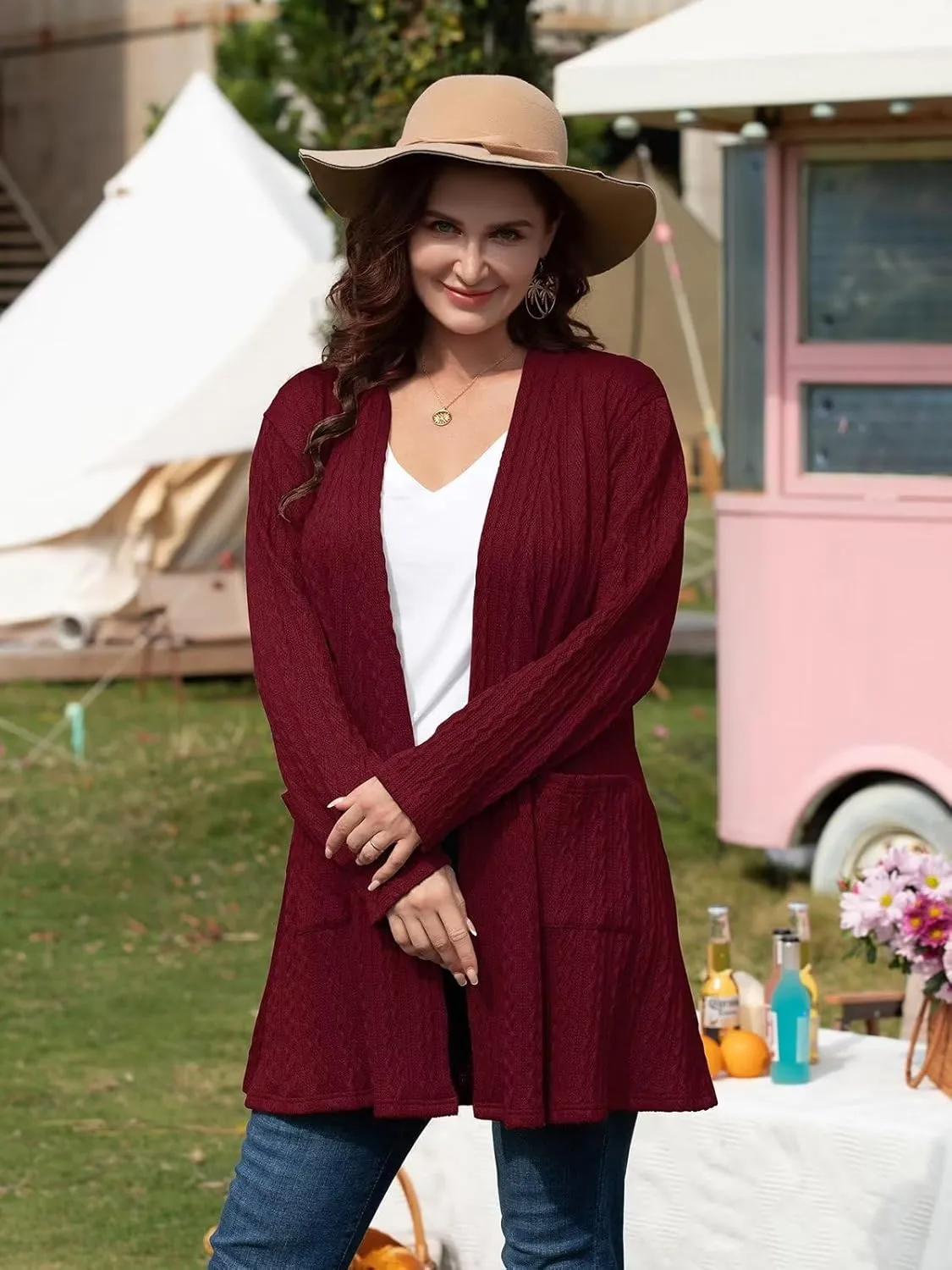 BELAROI Womens Open Front Cardigan Cable Knit Sweaters Plus Size Long Sleeve Tops Loose Fall Outwear Coat with Pockets