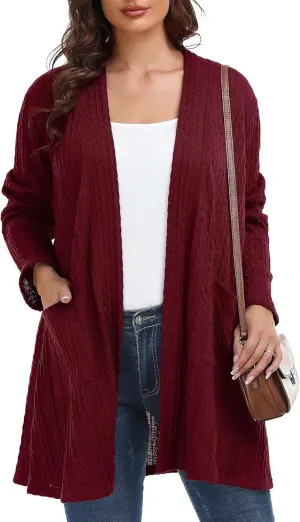 BELAROI Womens Open Front Cardigan Cable Knit Sweaters Plus Size Long Sleeve Tops Loose Fall Outwear Coat with Pockets