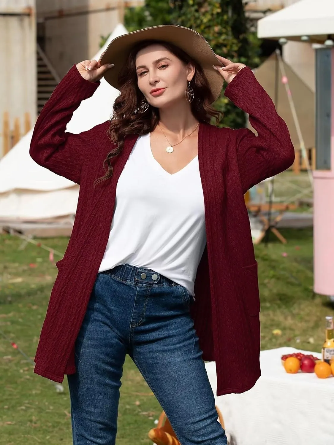 BELAROI Womens Open Front Cardigan Cable Knit Sweaters Plus Size Long Sleeve Tops Loose Fall Outwear Coat with Pockets