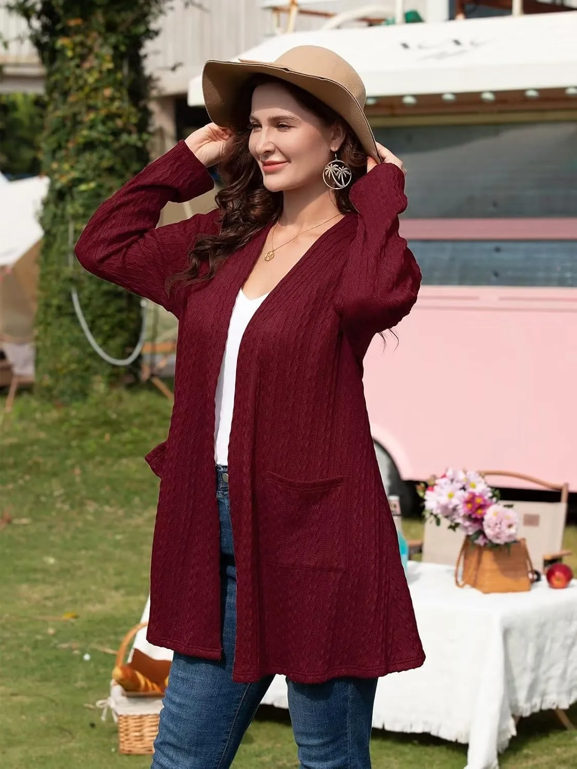 BELAROI Womens Open Front Cardigan Cable Knit Sweaters Plus Size Long Sleeve Tops Loose Fall Outwear Coat with Pockets