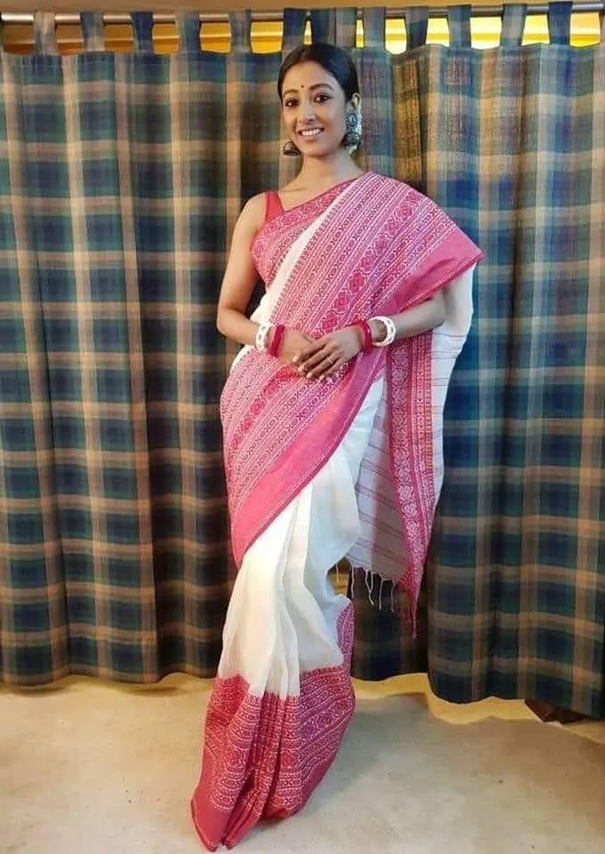 Bengali Pure Handloom Red and White Cotton Saree