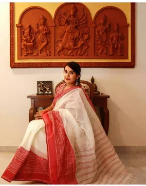 Bengali Pure Handloom Red and White Cotton Saree