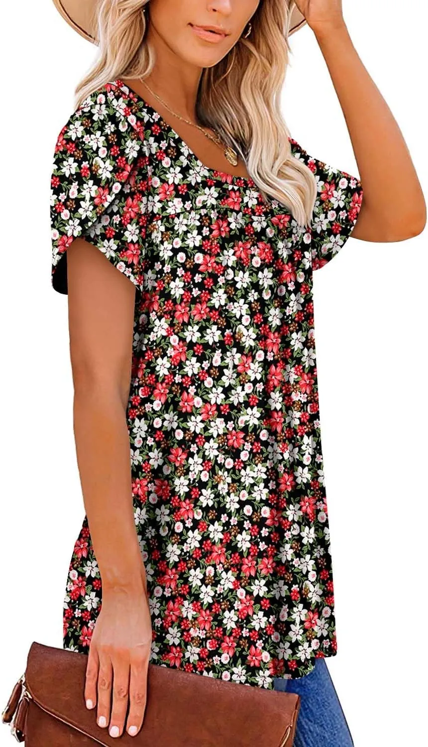 BETTE BOUTIK Womens Summer Tops Short Sleeve Pleated Square Neck Tunics Shirts Blouses S-3XL