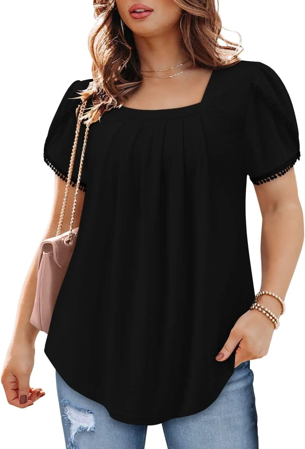 BETTE BOUTIK Womens Summer Tops Short Sleeve Pleated Square Neck Tunics Shirts Blouses S-3XL