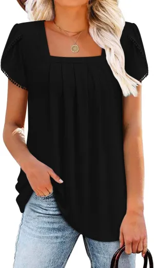 BETTE BOUTIK Womens Summer Tops Short Sleeve Pleated Square Neck Tunics Shirts Blouses S-3XL