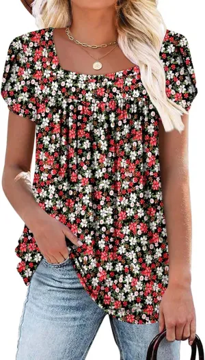 BETTE BOUTIK Womens Summer Tops Short Sleeve Pleated Square Neck Tunics Shirts Blouses S-3XL