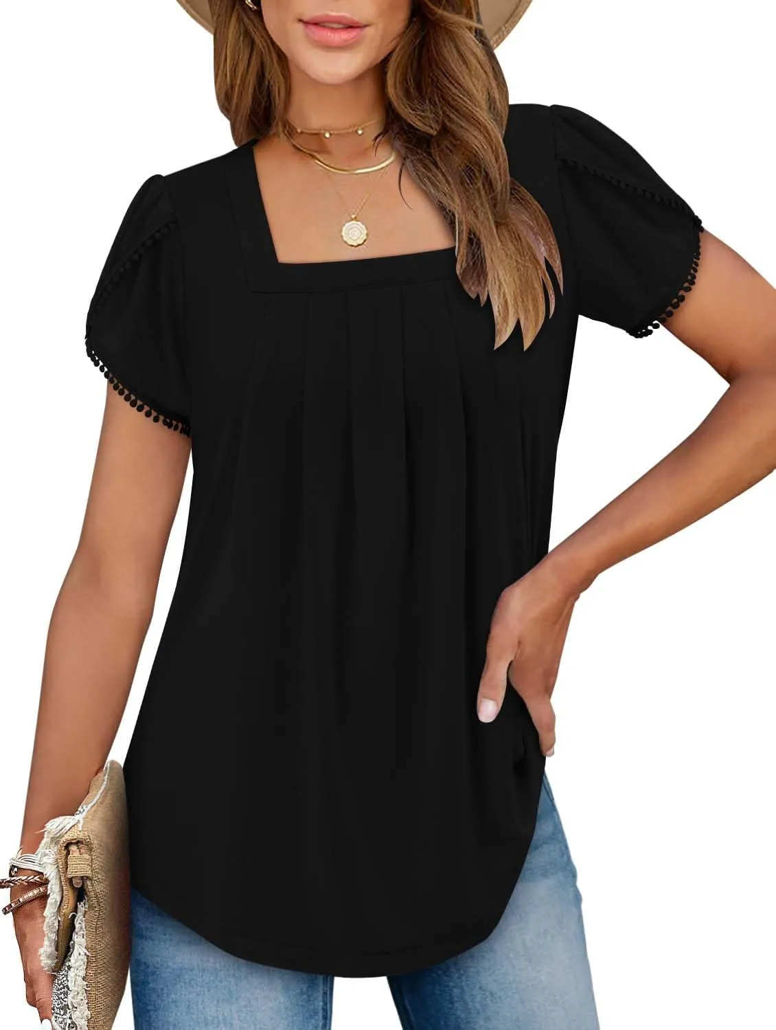 BETTE BOUTIK Womens Summer Tops Short Sleeve Pleated Square Neck Tunics Shirts Blouses S-3XL