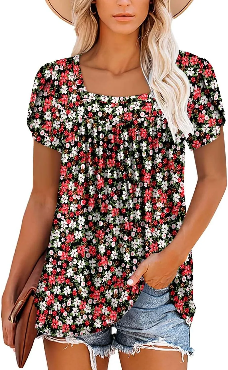 BETTE BOUTIK Womens Summer Tops Short Sleeve Pleated Square Neck Tunics Shirts Blouses S-3XL