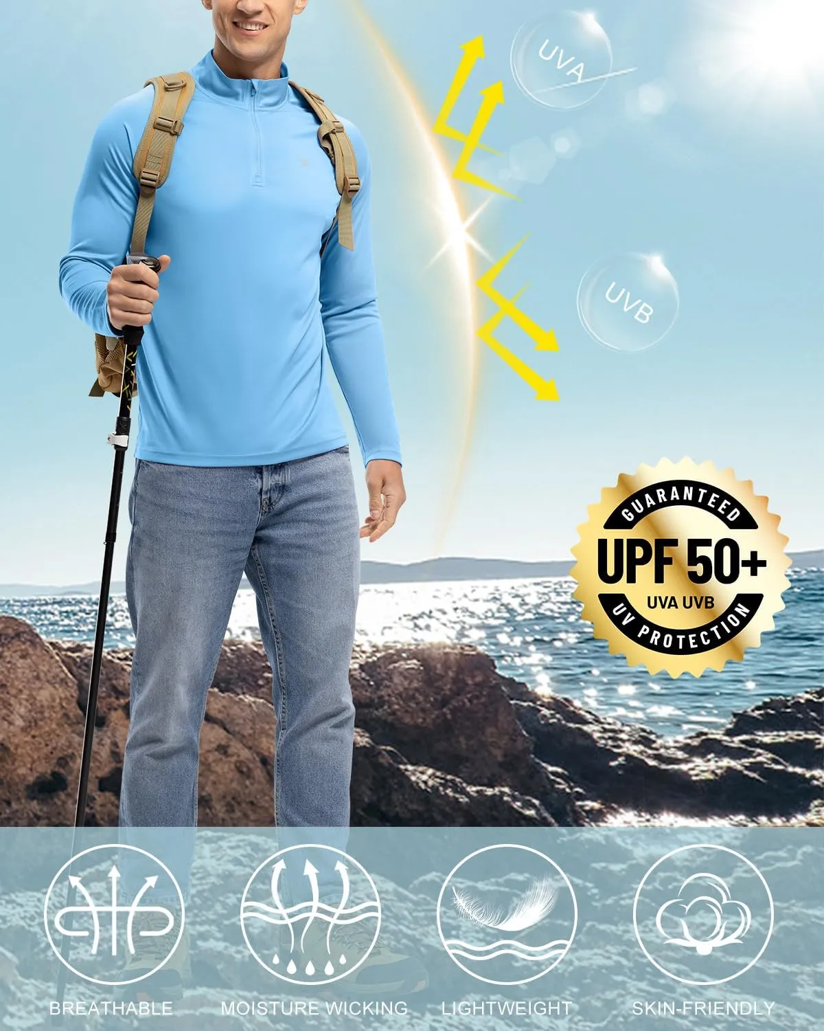 BGOWATU Men's Hiking Shirts Long Sleeve Sun Shirts UPF 50  Quarter Zip Pullover Quick Dry Rash Guard