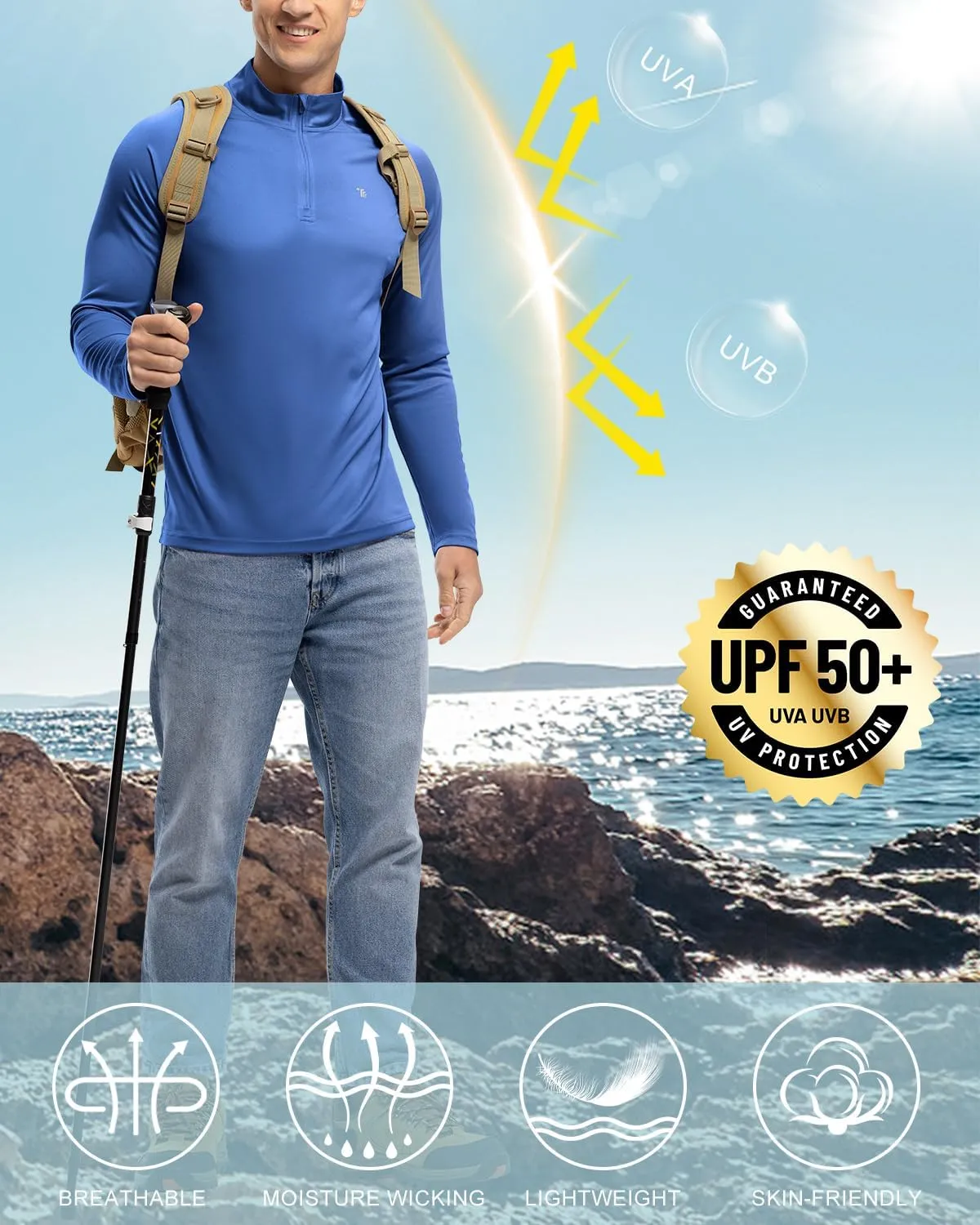 BGOWATU Men's Hiking Shirts Long Sleeve Sun Shirts UPF 50  Quarter Zip Pullover Quick Dry Rash Guard