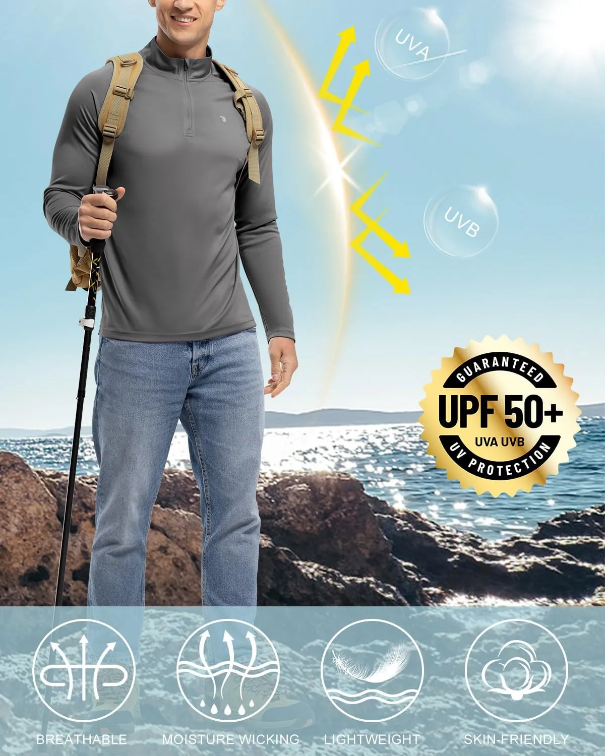 BGOWATU Men's Hiking Shirts Long Sleeve Sun Shirts UPF 50  Quarter Zip Pullover Quick Dry Rash Guard