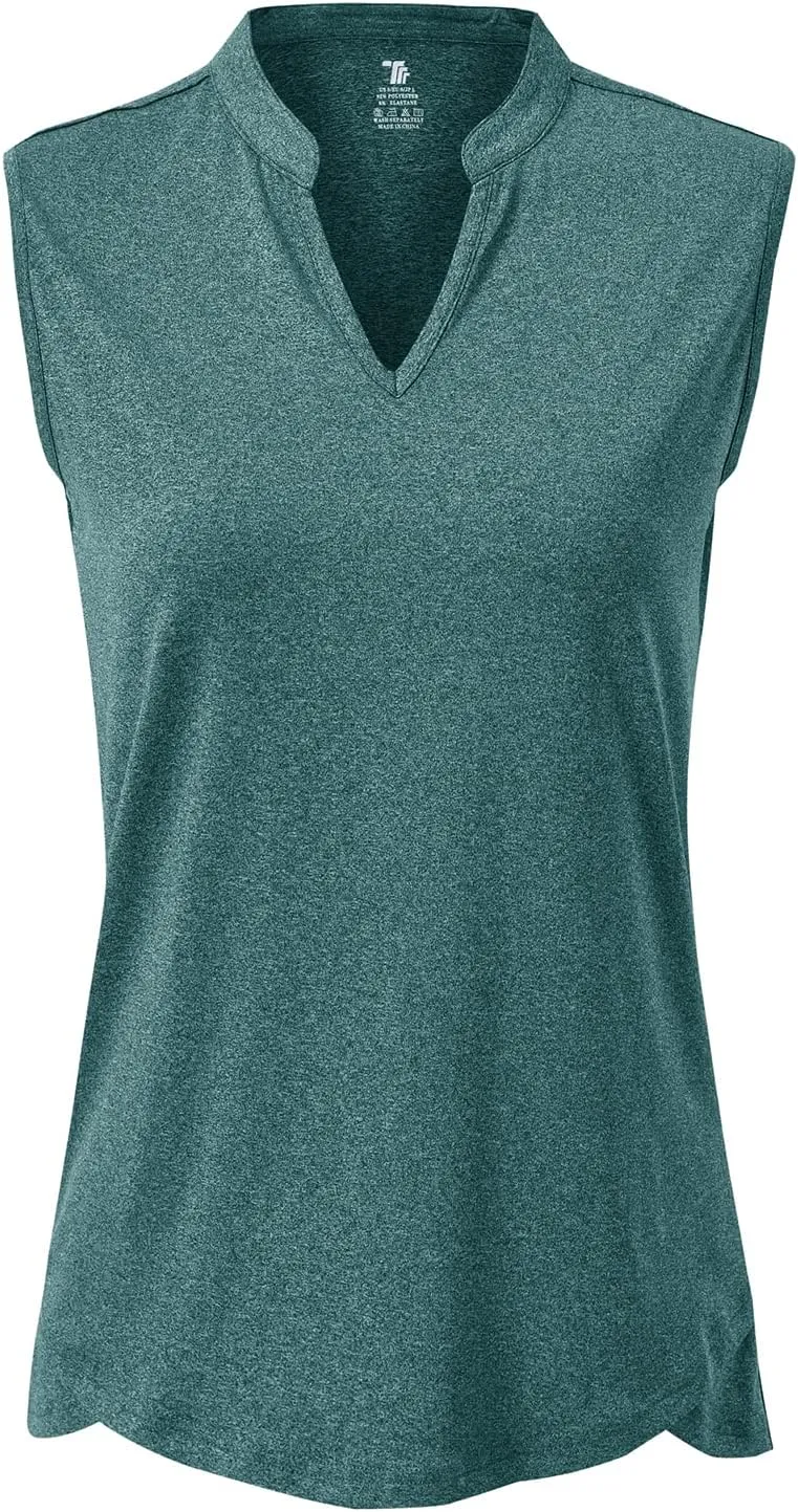 BGOWATU Women's Golf Polo T-Shirts Sleeveless V Neck Collarless Tennis Shirts UV Protection Quick Dry Lightweight