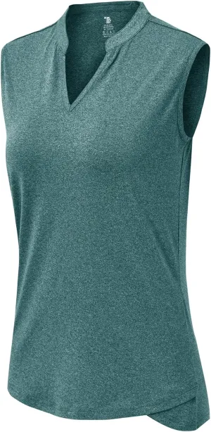 BGOWATU Women's Golf Polo T-Shirts Sleeveless V Neck Collarless Tennis Shirts UV Protection Quick Dry Lightweight